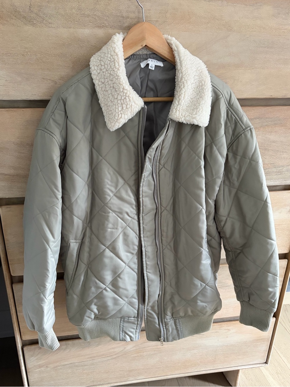 Pink Blush Quilted Light Olive Maternity Bomber Jacket with Cream Sherpa Collar